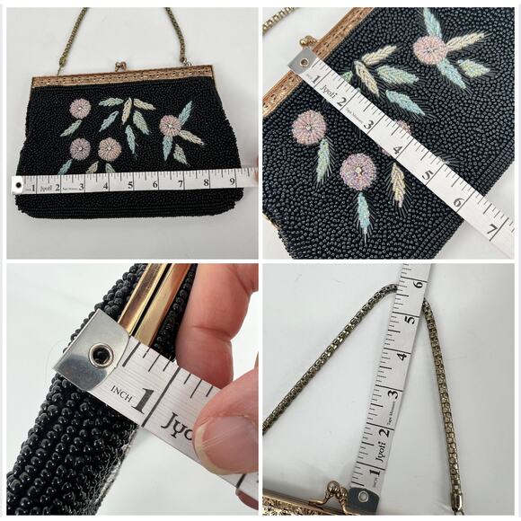 Vintage Beaded Handbag Purse Small Black Pink Floral Kiss Lock Chain Strap - Picture 11 of 11